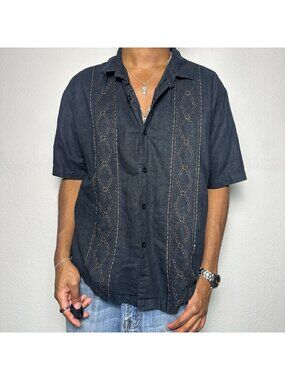 VTG Centro Summer Button Up Shirt Men XL Black Hawaiian Retro Indie Embroidery